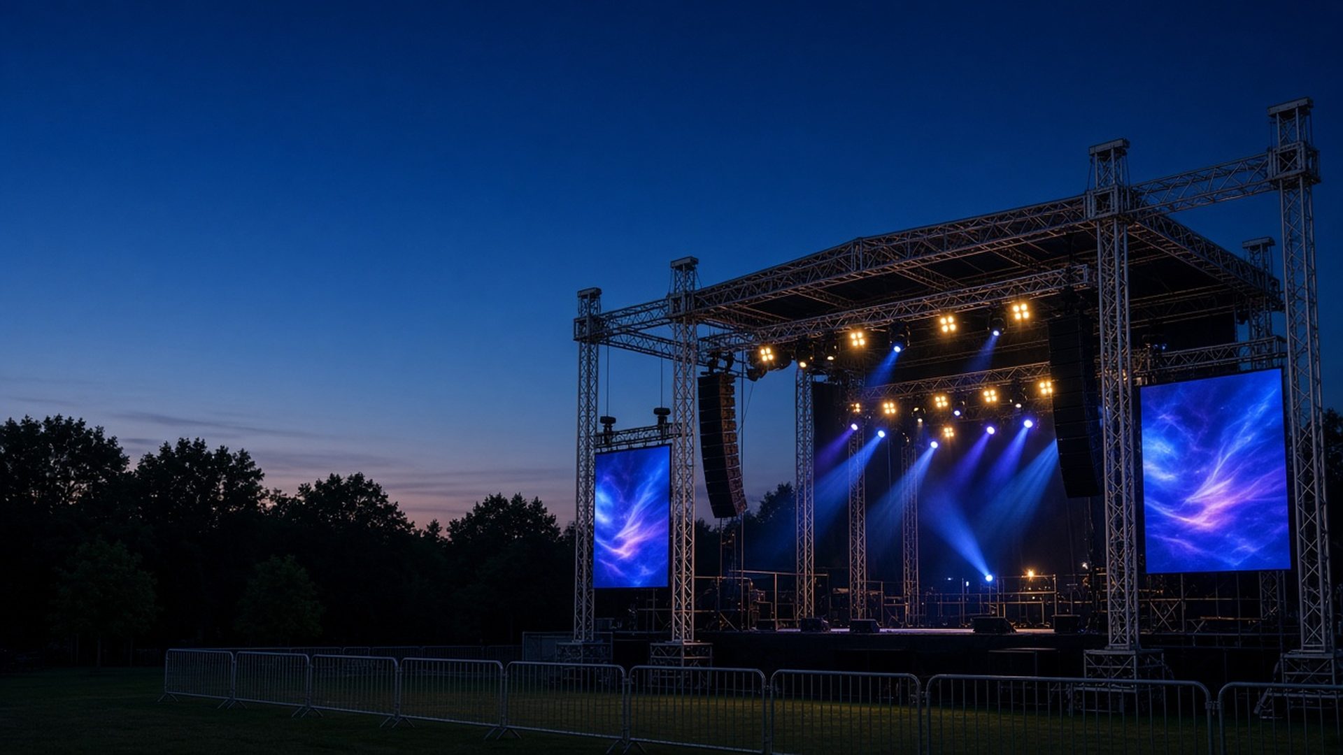 Aluminum truss concert stage with lighting and crowd barriers at dusk